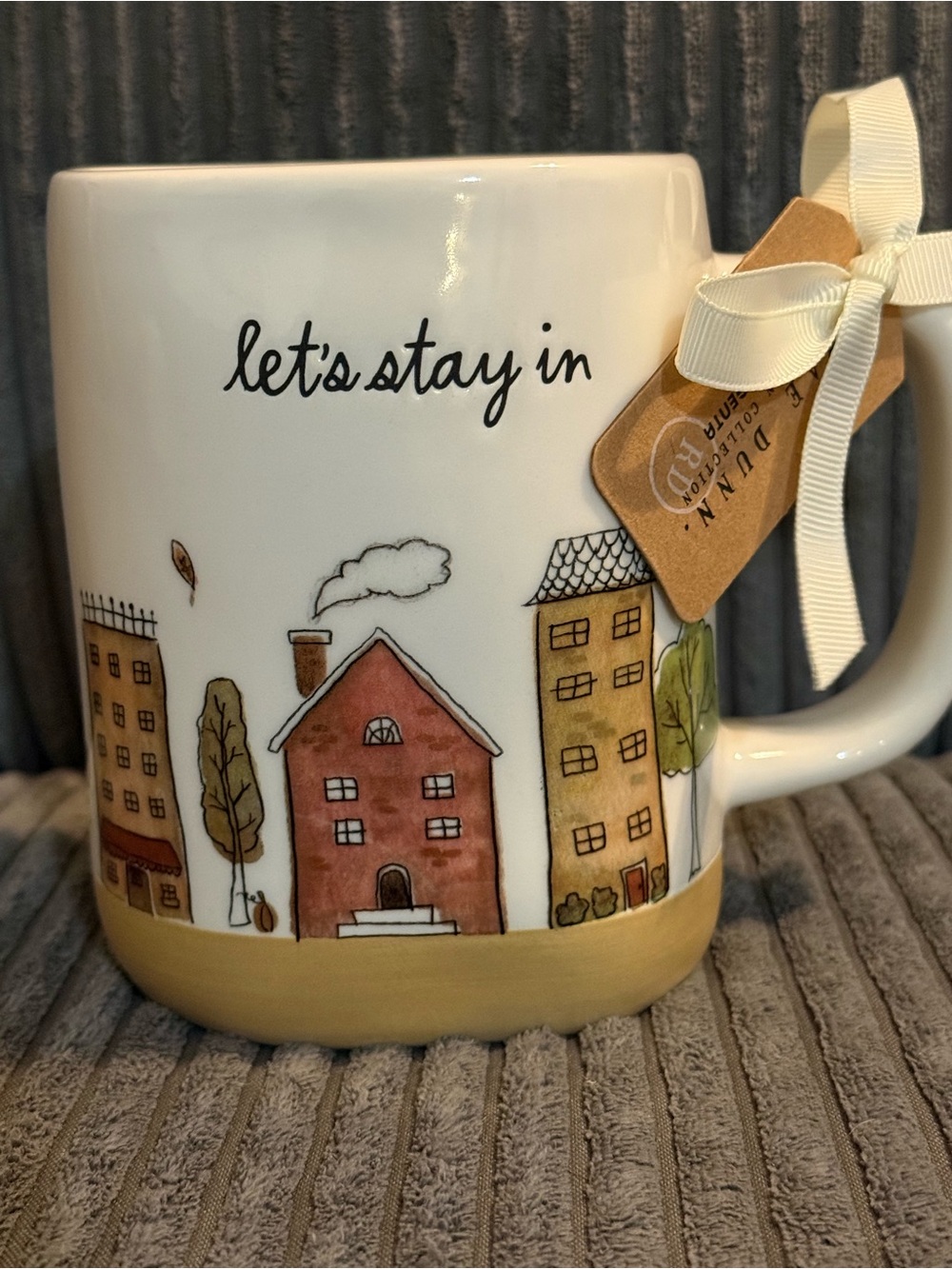 Rae Dunn White Ceramic Mug w/ Tan Base ft City Landscape LET’S STAY IN NWT